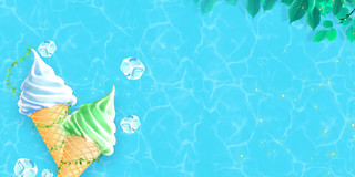 蓝色简约波纹绿叶冰淇淋光点甜品展板背景甜品背景